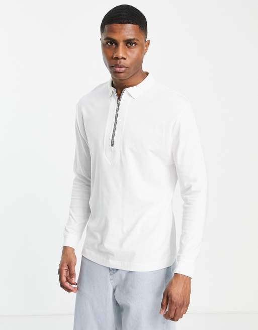 ASOS DESIGN - Polo met lange mouwen, rits en manchetdetail in gebroken wit