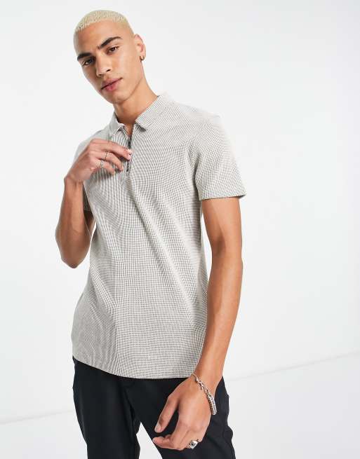ASOS DESIGN - Polo met wafelstructuur en ritsdetail in beige