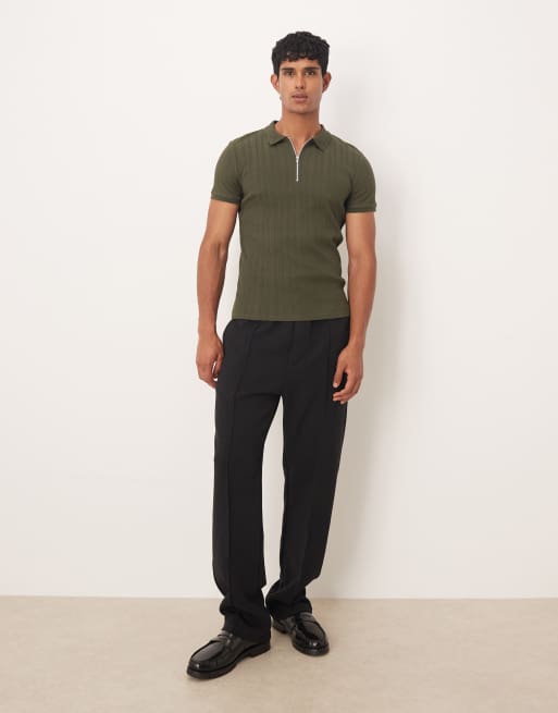 ASOS DESIGN - Polo moulant à col zippé en tissu côtelé texturé - Kaki , 2 de 5