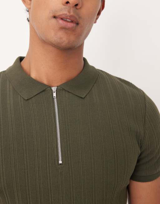 ASOS DESIGN - Polo moulant à col zippé en tissu côtelé texturé - Kaki , 5 de 5