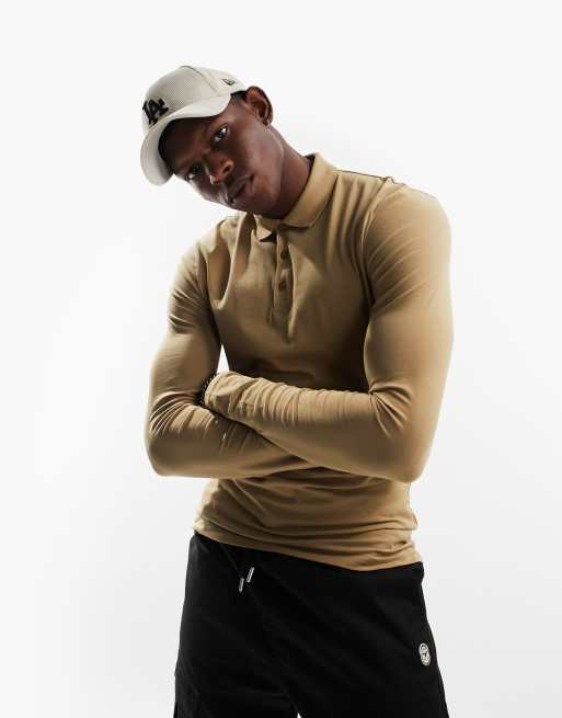 ASOS DESIGN - Polo moulant à manches longues - Beige