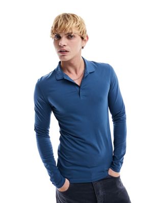 ASOS DESIGN long sleeve muscle fit polo in blue - ASOS Price Checker