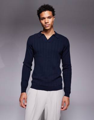 ASOS DESIGN - Polo moulant à manches longues en maille côtelée avec col cranté - Bleu marine