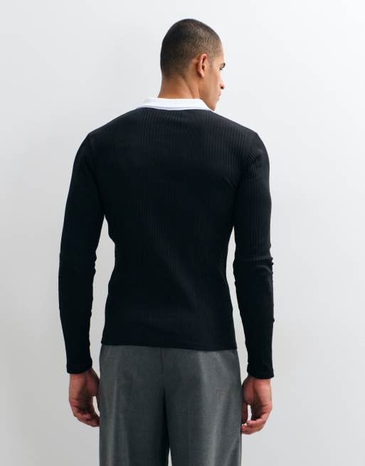 ASOS DESIGN polo moulant à manches longues en maille côtelée chinée noir, 5 de 5