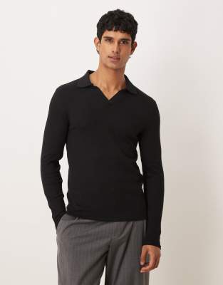 ASOS DESIGN - Polo moulant à manches longues - Noir côtelé