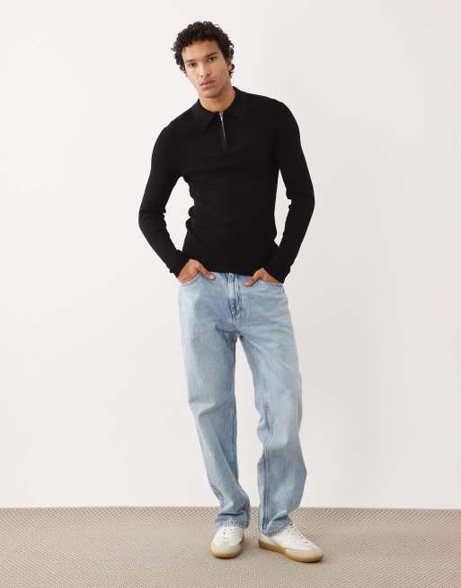 ASOS DESIGN - Polo moulant en maille avec manches longues et col zippé - Noir, 2 de 5
