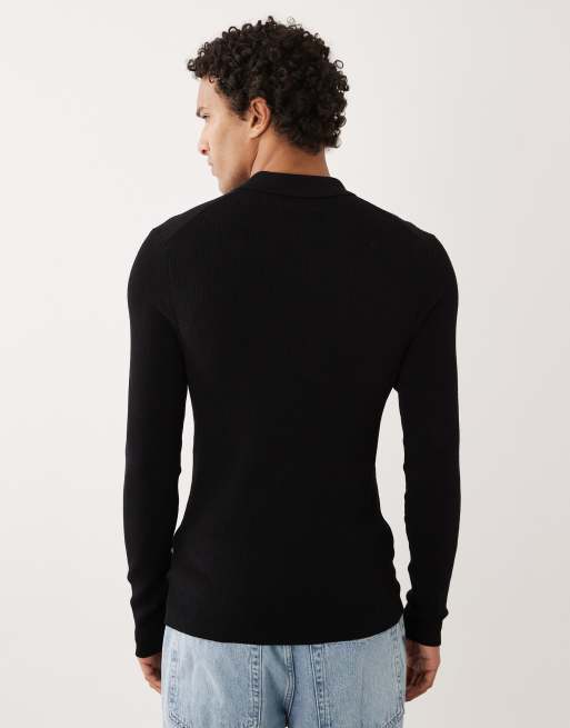 ASOS DESIGN - Polo moulant en maille avec manches longues et col zippé - Noir, 3 de 5