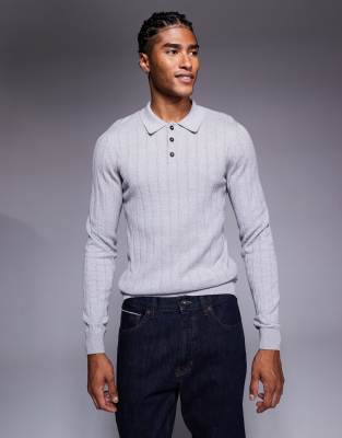 ASOS DESIGN - Polo moulant en maille côtelée à manches longues et col polo - Gris clair chiné