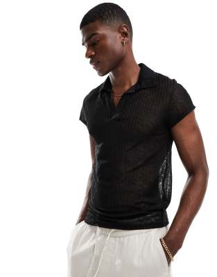 ASOS DESIGN muscle fit  textured polo with cap sleeves in black - ASOS Price Checker