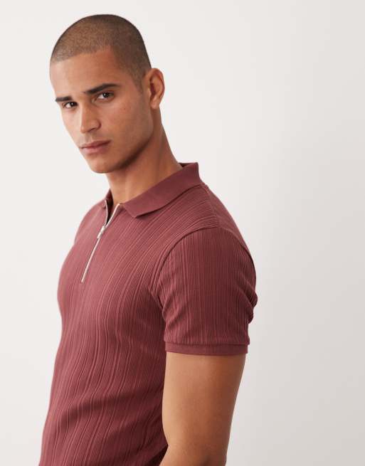 ASOS DESIGN - Polo moulant zippé en tissu côtelé - Bordeaux, 4 de 5
