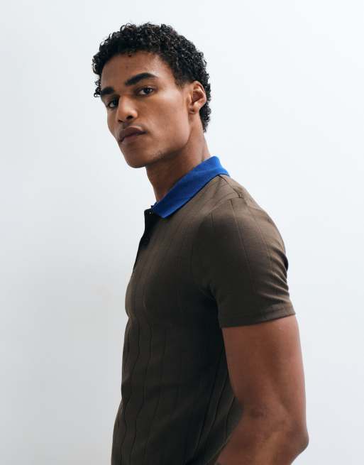 ASOS DESIGN polo muscle fit con colletto a contrasto marrone a coste larghe, 3 di 5