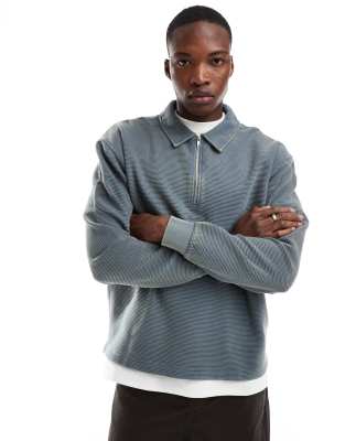 Asos Design Polo Neck Half Zip Ribbed Sweatshirt In Dark Gray
