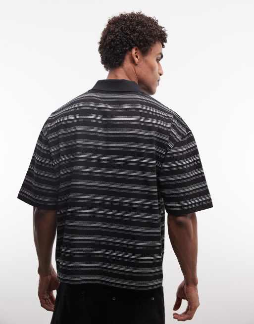 ASOS DESIGN - Polo negro y blanco a rayas de corte cuadrado extragrande de tejido grueso texturizado, 3 de 5