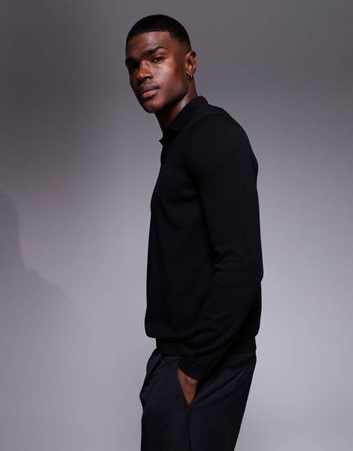 ASOS DESIGN - Polo nera a maniche lunghe in maglia, 4 di 5