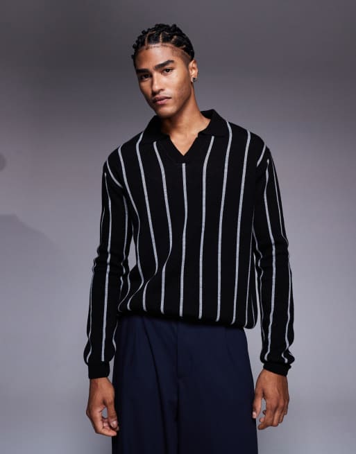 ASOS DESIGN - Polo nera comoda in maglia a righe con intaglio sul collo