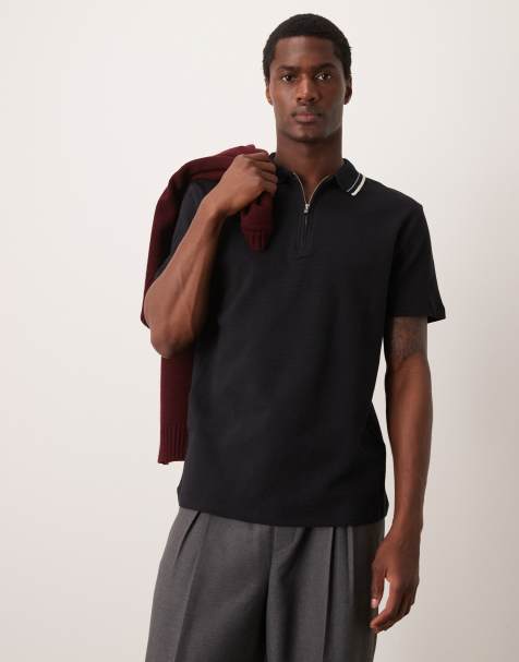 ASOS DESIGN - Polo nera in tessuto lavorato a nido d'ape con zip - view 1