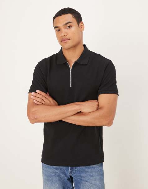 ASOS DESIGN - Polo nera super pesante in piqué con zip corta - view 1