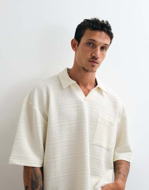 ASOS DESIGN polo oversize à manches 3/4 en tissu texturé beige - view 1