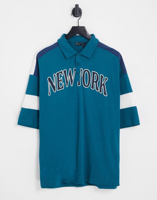 ASOS DESIGN - Polo oversize à manches color block et imprimé New York - Bleu