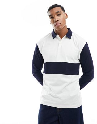 ASOS DESIGN oversized long sleeve rugby polo with white and blue cut & sew - ASOS Price Checker