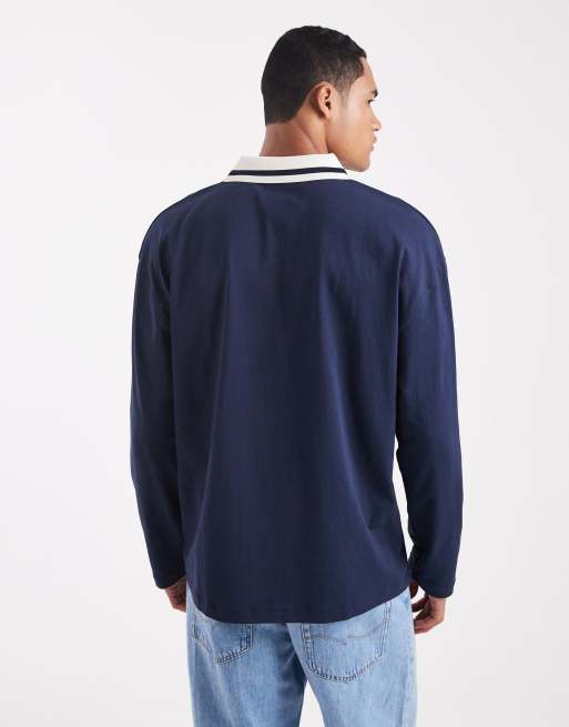 ASOS DESIGN - Polo oversize à manches longues et imprimé style sport - Bleu marine , 3 de 5