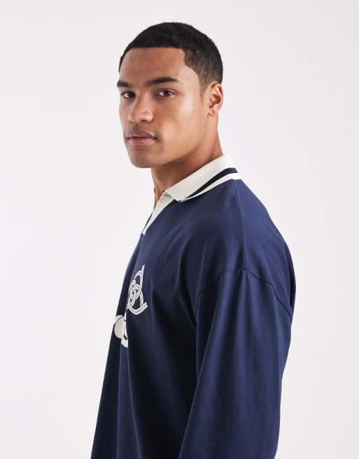 ASOS DESIGN - Polo oversize à manches longues et imprimé style sport - Bleu marine , 4 de 5