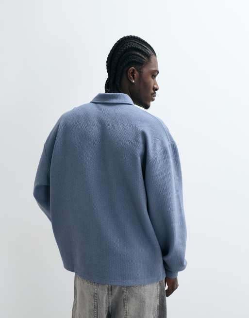 ASOS DESIGN - Polo oversize a maniche lunghe blu in tessuto testurizzato, 3 di 5