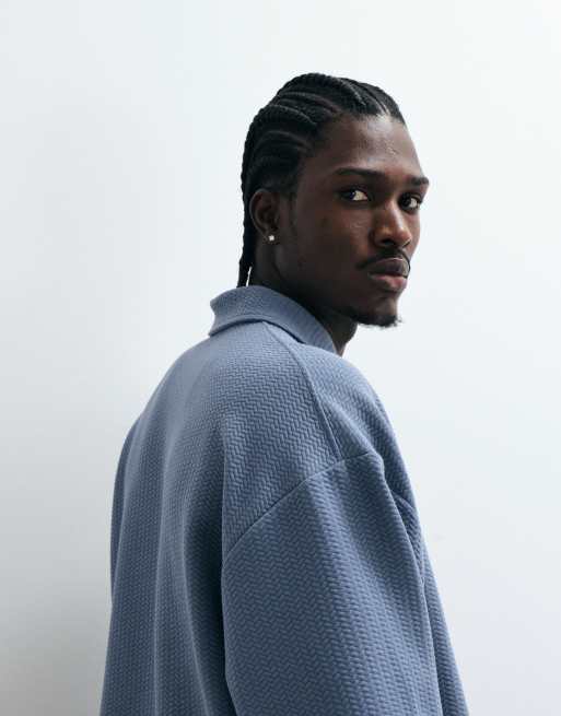 ASOS DESIGN - Polo oversize a maniche lunghe blu in tessuto testurizzato, 4 di 5