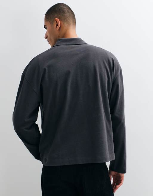 ASOS DESIGN polo oversize a maniche lunghe con colletto a rever in antracite, 3 di 5