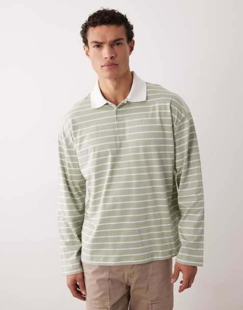 ASOS DESIGN - Polo oversize a maniche lunghe verde a righe bianche - view 1
