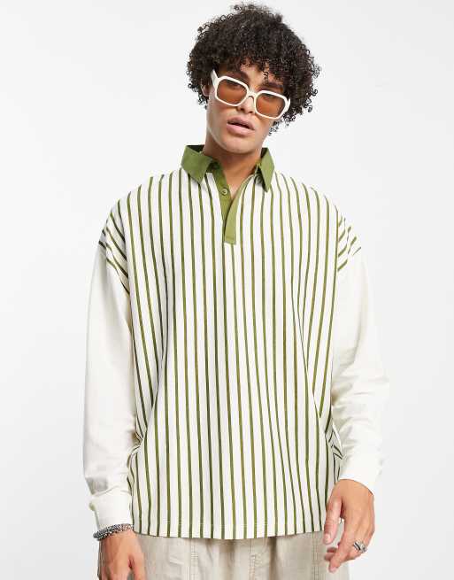 ASOS DESIGN - Polo oversize a maniche lunghe verde a righe rétro 