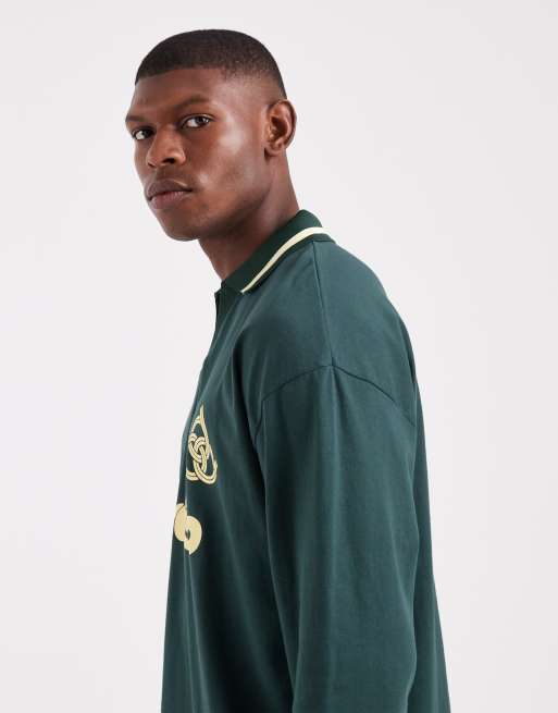 ASOS DESIGN - Polo oversize a maniche lunghe verde scuro con grafica Paraiso , 4 di 5