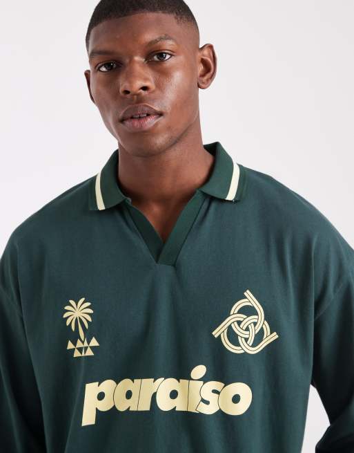 ASOS DESIGN - Polo oversize a maniche lunghe verde scuro con grafica Paraiso , 5 di 5