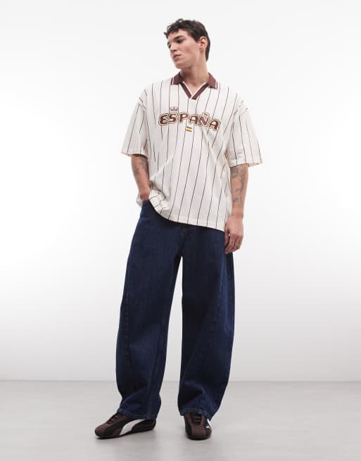 ASOS DESIGN - Polo oversize bianco sporco a righe con grafica "España", 2 di 5