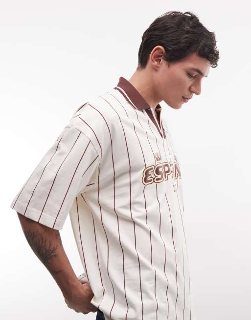 ASOS DESIGN - Polo oversize bianco sporco a righe con grafica "España", 4 di 5
