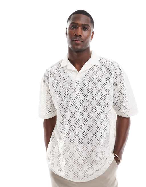 ASOS DESIGN - Polo oversize bianco sporco testurizzata all'uncinetto con rever, 2 di 5