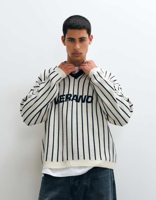ASOS DESIGN polo oversize con collo a rever in écru e navy con stampa grafica, 3 di 5