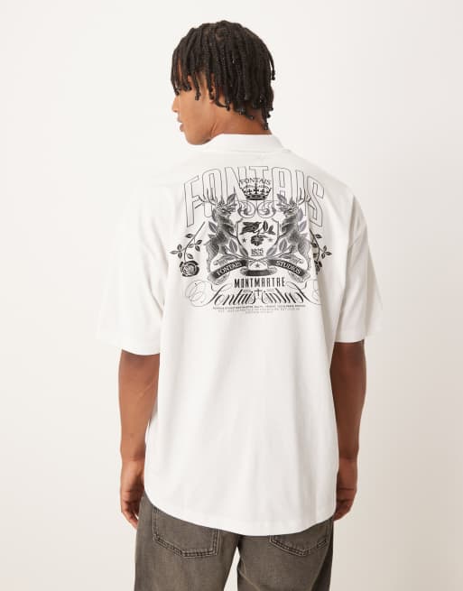 ASOS DESIGN - Polo oversize con stemma sul fronte e sul retro color crema