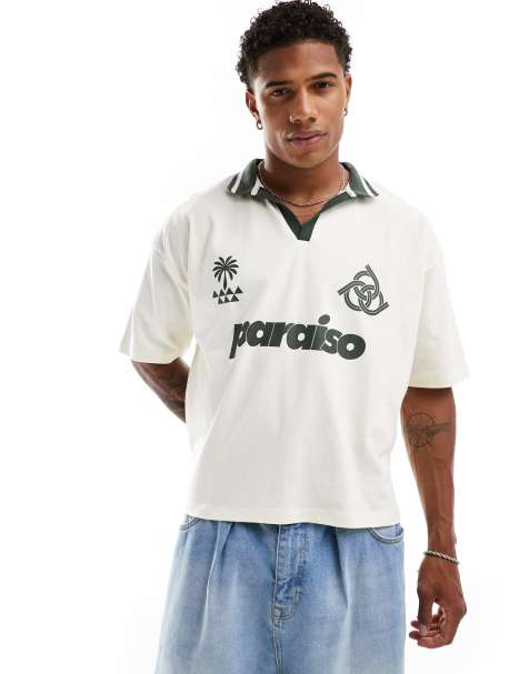 ASOS DESIGN - Polo oversize coupe carrée à imprimé style football sur le devant - Blanc cassé - view 1