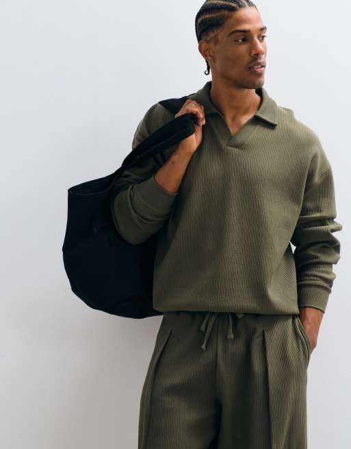 ASOS DESIGN polo oversize coupe carrée à manches longues en tissu ottoman kaki, 5 de 5