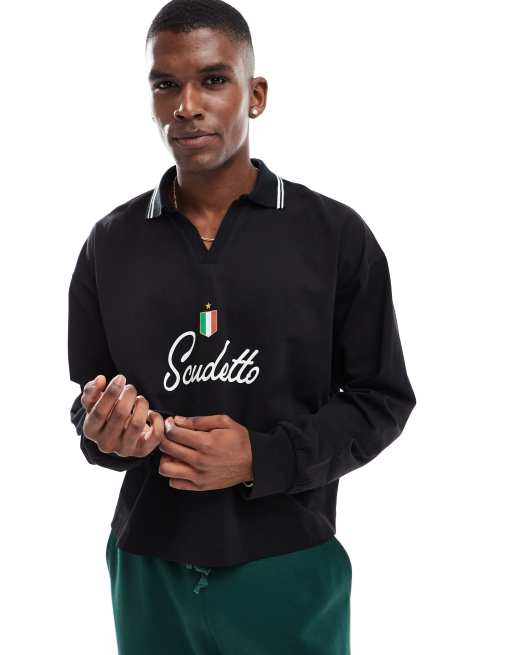 ASOS DESIGN - Polo oversize coupe carrée à manches longues et imprimé sur la poitrine - Noir