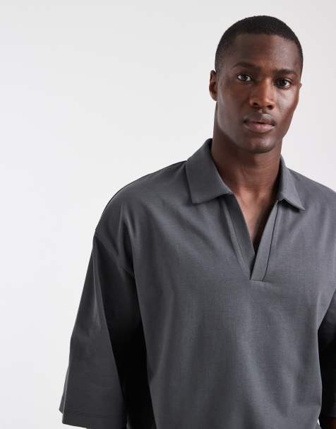 ASOS DESIGN - Polo oversize coupe carrée à manches mi-longues en tissu épais - Anthracite - view 1