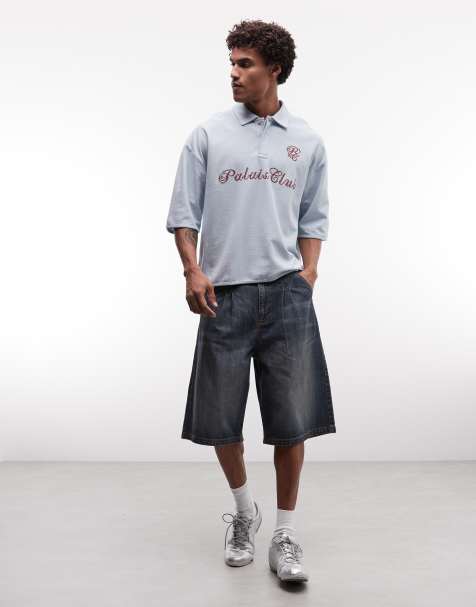 ASOS DESIGN - Polo oversize coupe carrée en crêpe ultra épais avec inscription - Bleu - view 1