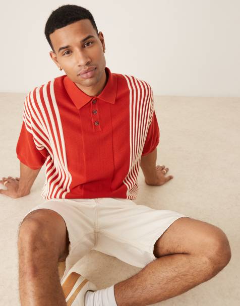 ASOS DESIGN - Polo oversize coupe carrée en maille à rayures contrastantes - Rouge - view 1