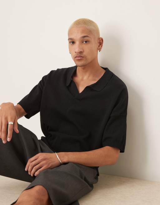ASOS DESIGN - Polo oversize coupe carrée en maille de coton avec col à encoche - Noir