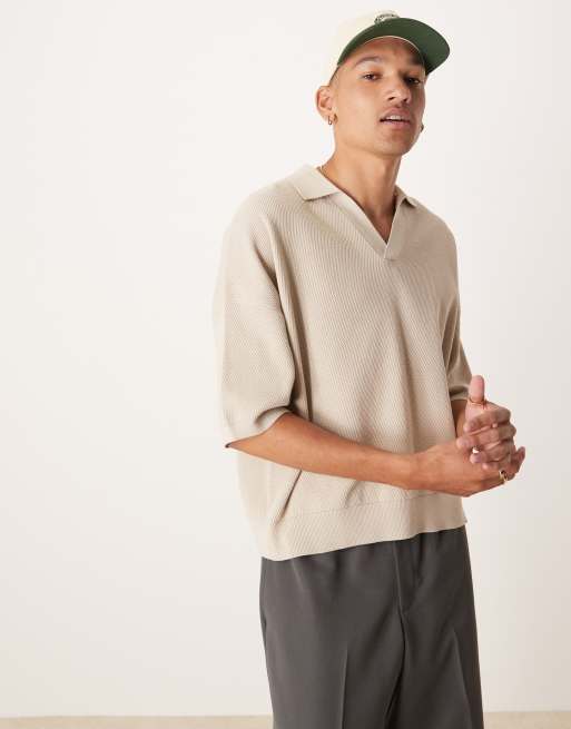 ASOS DESIGN - Polo oversize coupe carrée en maille texturée à encolure crantée - Écru