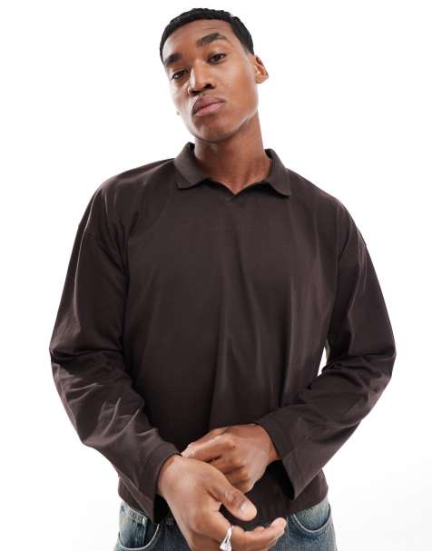 ASOS DESIGN - Polo oversize coupe carrée en tissu épais 240 g/m² avec manches longues - Marron - view 1