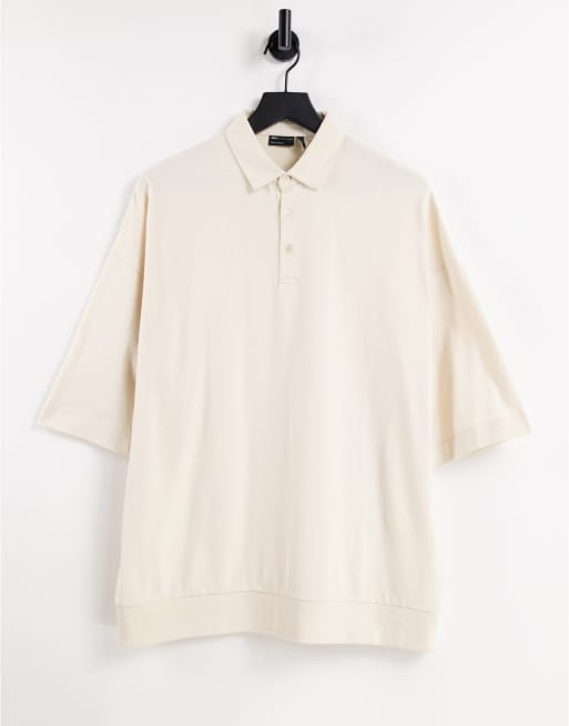 ASOS DESIGN - Polo oversize en coton brossé à manches mi-longues - Beige