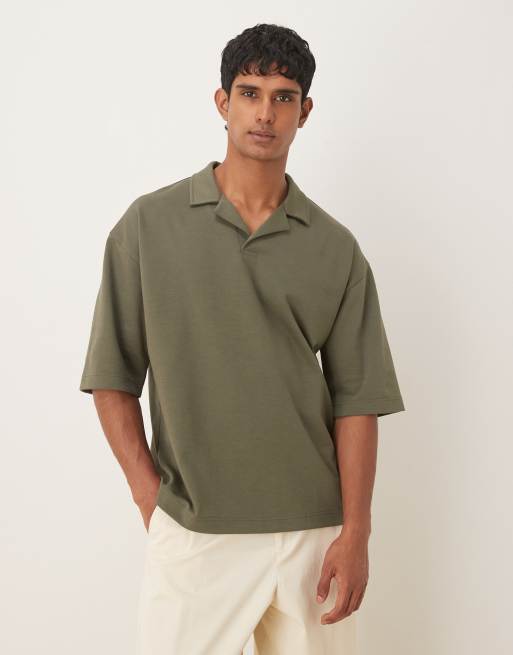 ASOS DESIGN - Polo oversize en coton mélangé épais à manches courtes et col à revers - Kaki