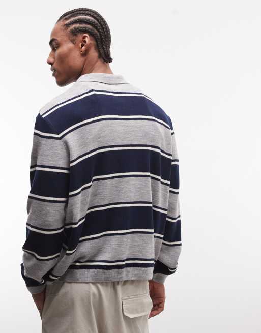 ASOS DESIGN - Polo oversize en maille à rayures - Bleu marine et gris, 3 de 5